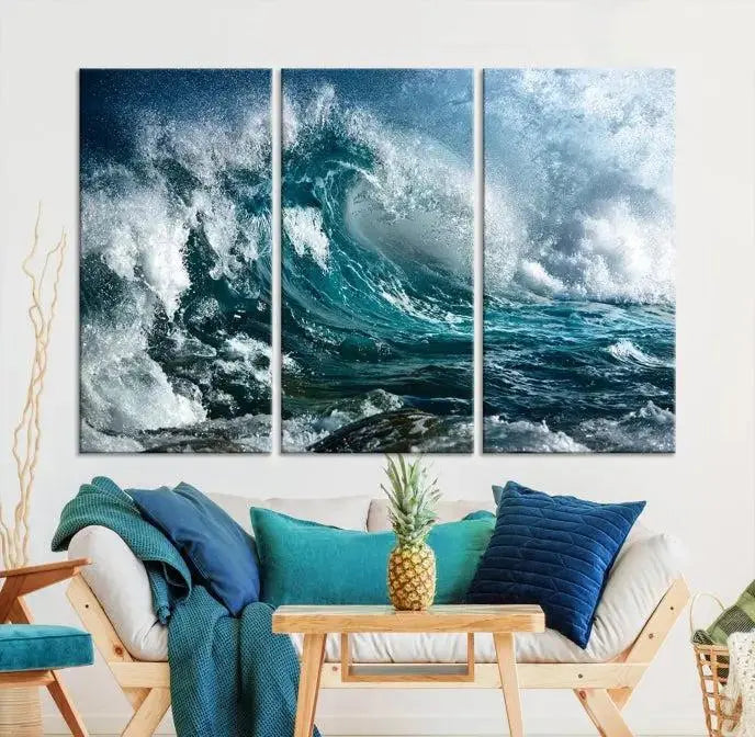 A triptych of the Surfing Wave Wall Art Canvas Print, featuring museum-quality canvases with UV-protective coating, adorns the wall.