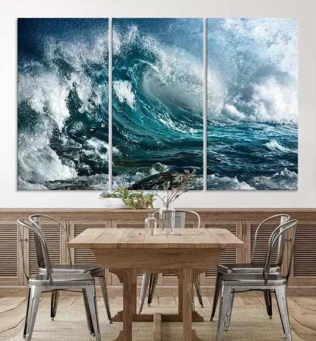 A triptych of the Surfing Wave Wall Art Canvas Print, featuring museum-quality canvases with UV-protective coating, adorns the wall.