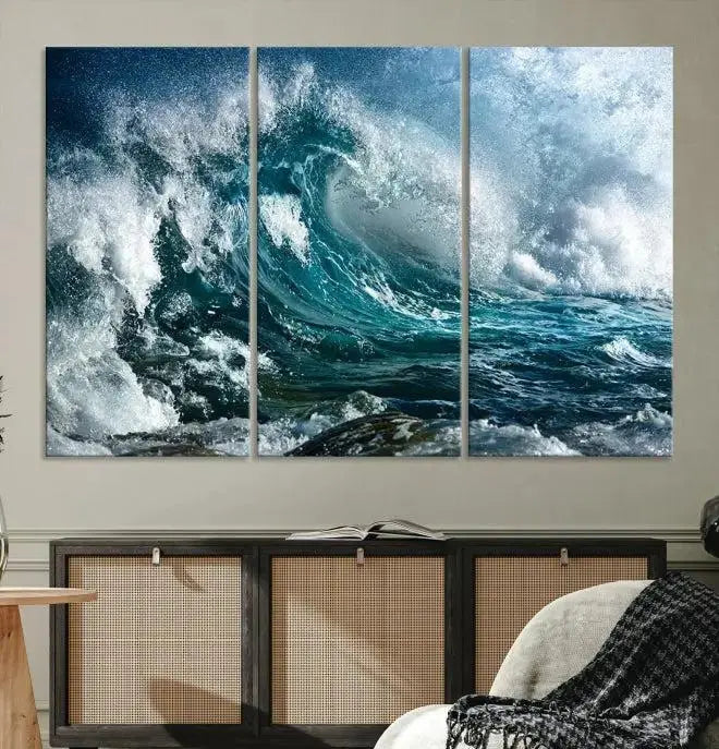 A triptych of the Surfing Wave Wall Art Canvas Print, featuring museum-quality canvases with UV-protective coating, adorns the wall.