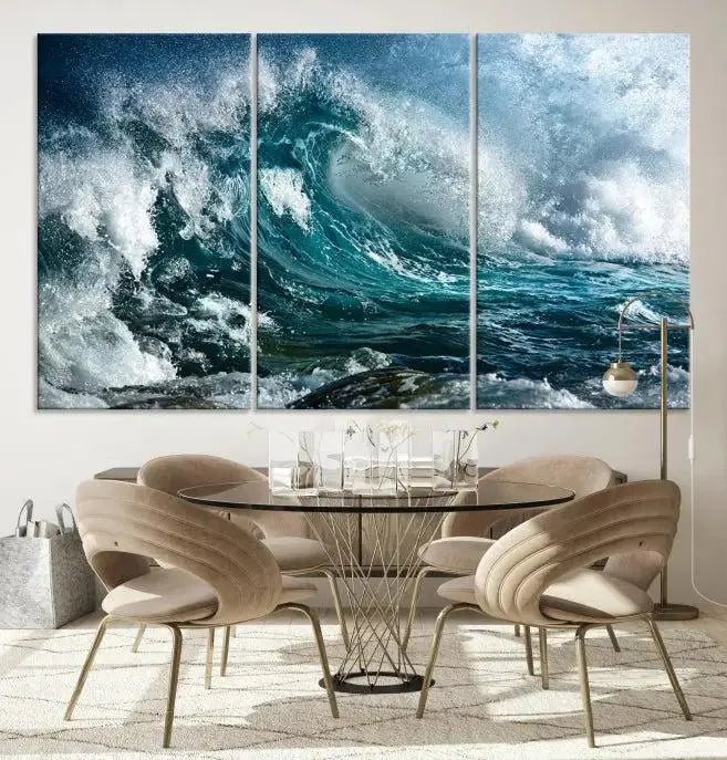 A triptych of the Surfing Wave Wall Art Canvas Print, featuring museum-quality canvases with UV-protective coating, adorns the wall.