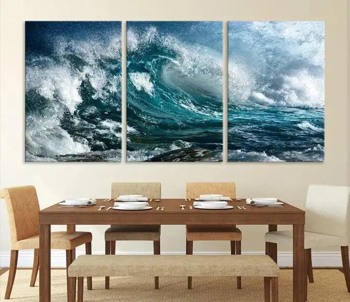 A triptych of the Surfing Wave Wall Art Canvas Print, featuring museum-quality canvases with UV-protective coating, adorns the wall.