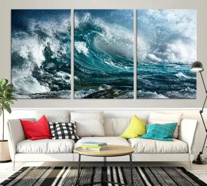 A triptych of the Surfing Wave Wall Art Canvas Print, featuring museum-quality canvases with UV-protective coating, adorns the wall.