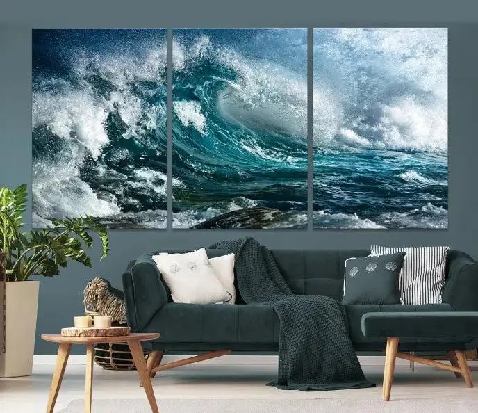 A triptych of the Surfing Wave Wall Art Canvas Print, featuring museum-quality canvases with UV-protective coating, adorns the wall.