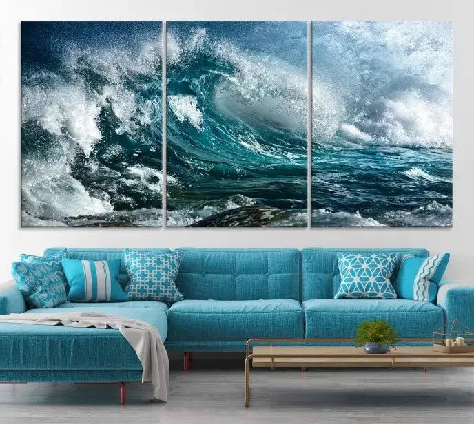 A triptych of the Surfing Wave Wall Art Canvas Print, featuring museum-quality canvases with UV-protective coating, adorns the wall.