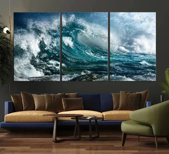 A triptych of the Surfing Wave Wall Art Canvas Print, featuring museum-quality canvases with UV-protective coating, adorns the wall.