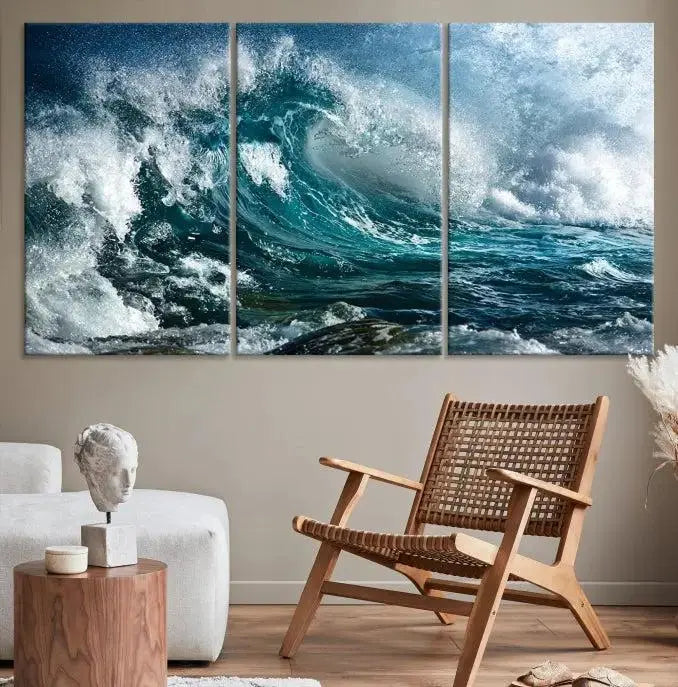 A triptych of the Surfing Wave Wall Art Canvas Print, featuring museum-quality canvases with UV-protective coating, adorns the wall.