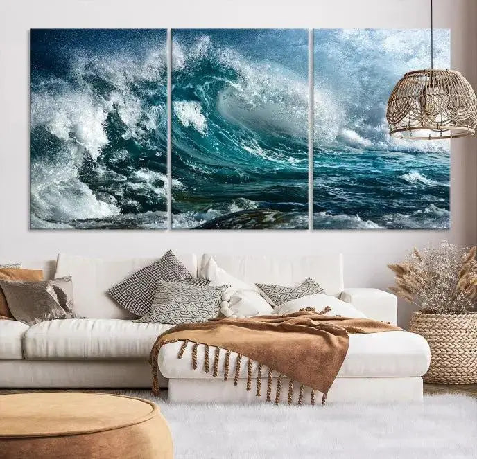 A triptych of the Surfing Wave Wall Art Canvas Print, featuring museum-quality canvases with UV-protective coating, adorns the wall.