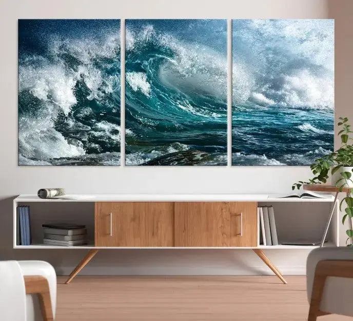 A triptych of the Surfing Wave Wall Art Canvas Print, featuring museum-quality canvases with UV-protective coating, adorns the wall.