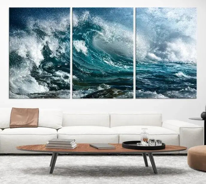 A triptych of the Surfing Wave Wall Art Canvas Print, featuring museum-quality canvases with UV-protective coating, adorns the wall.