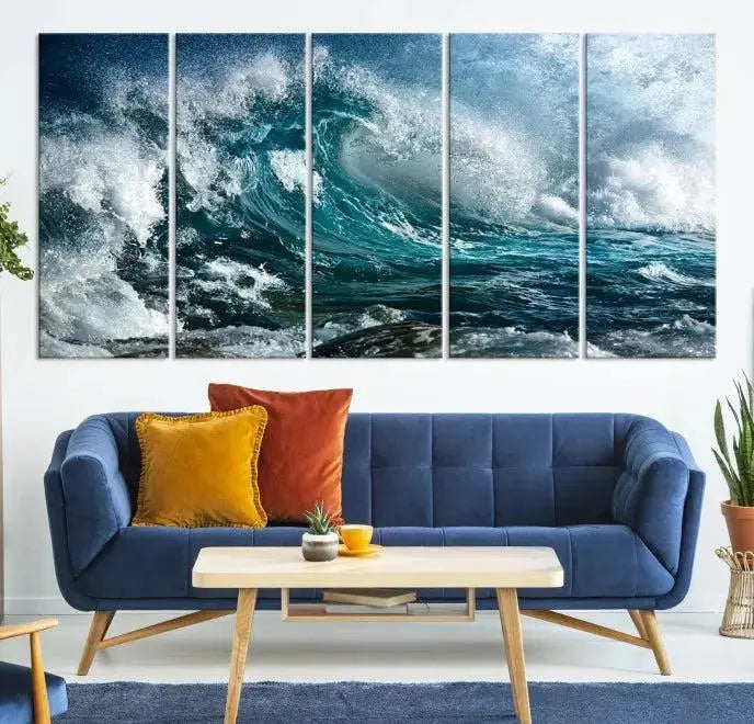 A triptych of the Surfing Wave Wall Art Canvas Print, featuring museum-quality canvases with UV-protective coating, adorns the wall.