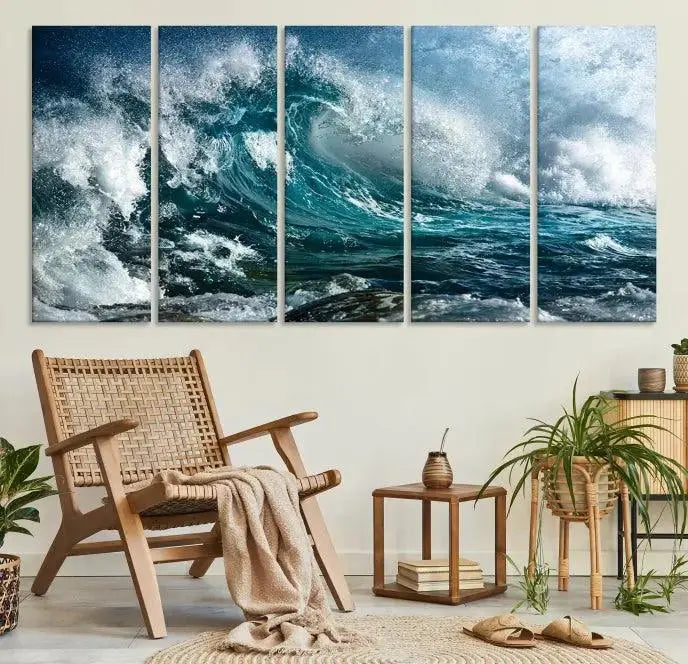 A triptych of the Surfing Wave Wall Art Canvas Print, featuring museum-quality canvases with UV-protective coating, adorns the wall.