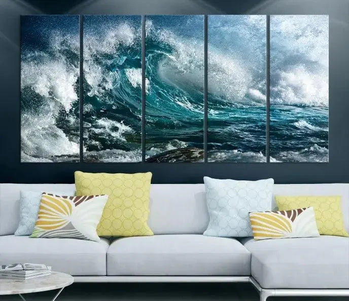 A triptych of the Surfing Wave Wall Art Canvas Print, featuring museum-quality canvases with UV-protective coating, adorns the wall.