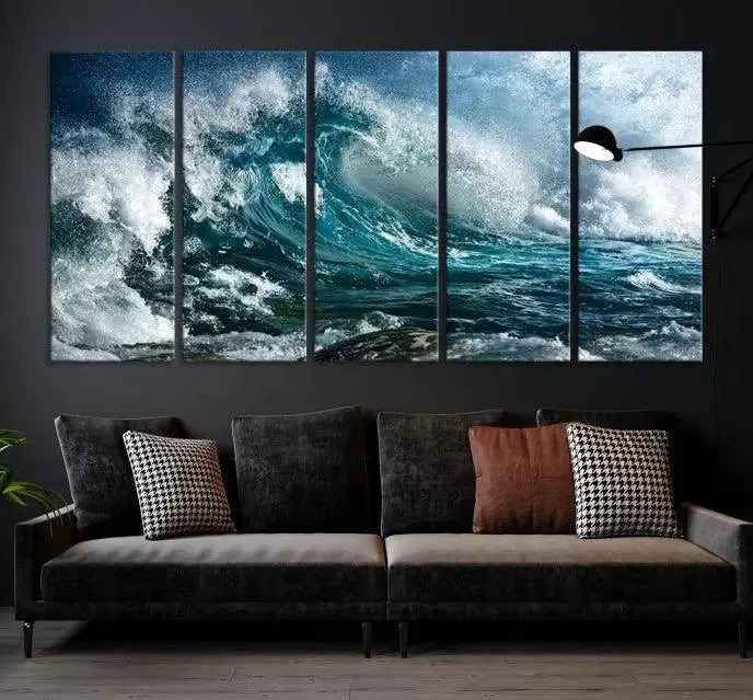 A triptych of the Surfing Wave Wall Art Canvas Print, featuring museum-quality canvases with UV-protective coating, adorns the wall.