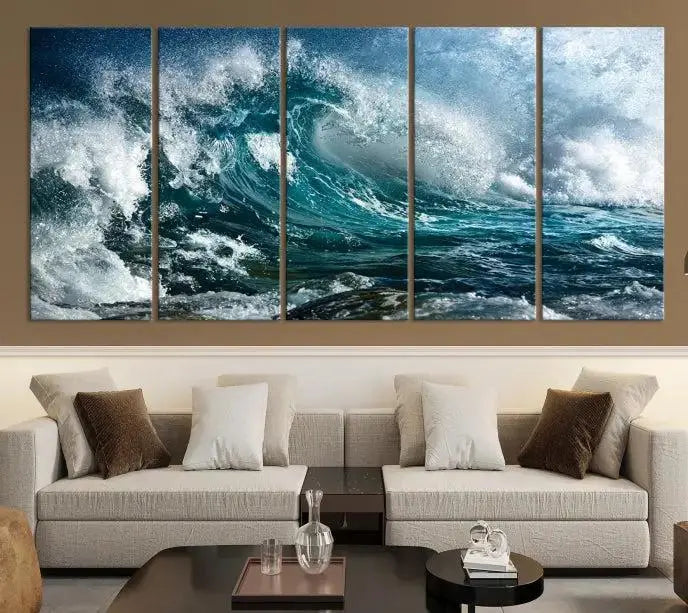 A triptych of the Surfing Wave Wall Art Canvas Print, featuring museum-quality canvases with UV-protective coating, adorns the wall.