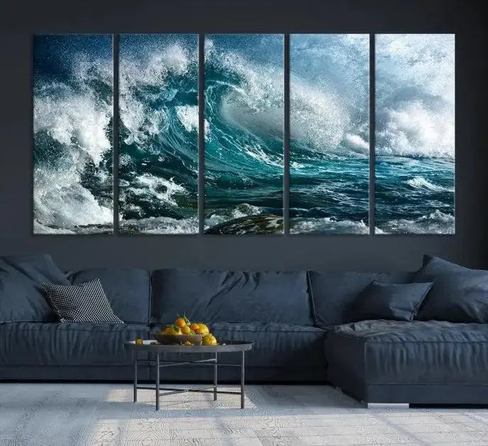 A triptych of the Surfing Wave Wall Art Canvas Print, featuring museum-quality canvases with UV-protective coating, adorns the wall.