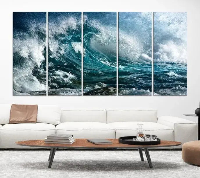 A triptych of the Surfing Wave Wall Art Canvas Print, featuring museum-quality canvases with UV-protective coating, adorns the wall.