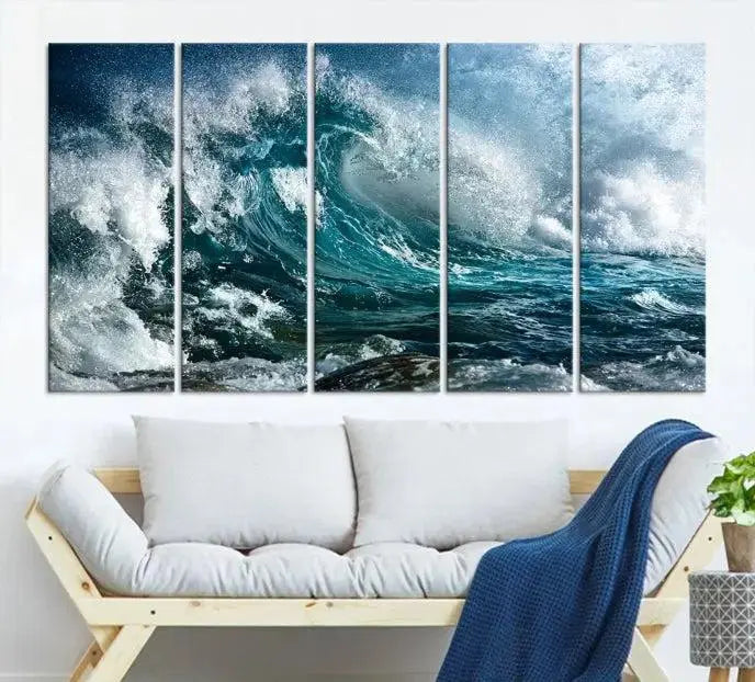 A triptych of the Surfing Wave Wall Art Canvas Print, featuring museum-quality canvases with UV-protective coating, adorns the wall.