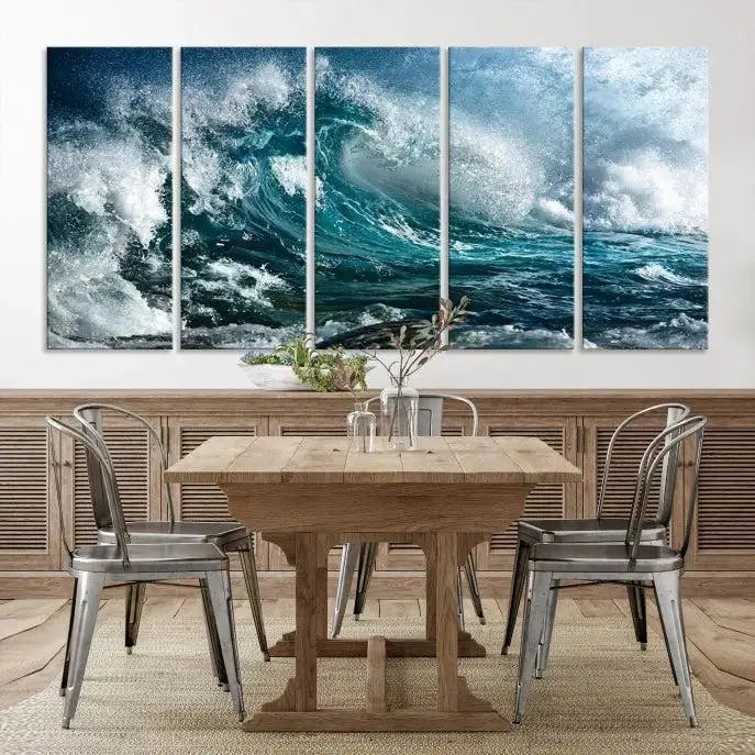 A triptych of the Surfing Wave Wall Art Canvas Print, featuring museum-quality canvases with UV-protective coating, adorns the wall.