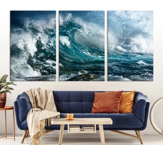 A triptych of the Surfing Wave Wall Art Canvas Print, featuring museum-quality canvases with UV-protective coating, adorns the wall.