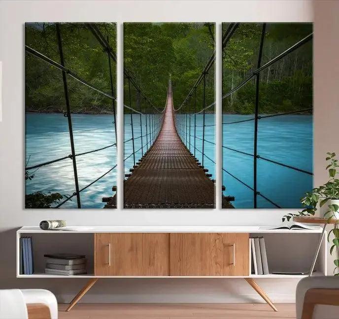 Suspension Bridge Over River Canvas Art | 3-Panel Nature Photography | Scenic Wall Art for Living Room or Office