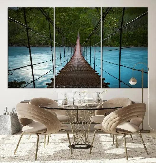 Suspension Bridge Over River Canvas Art | 3-Panel Nature Photography | Scenic Wall Art for Living Room or Office