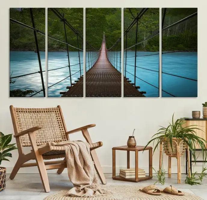 Suspension Bridge Over River Canvas Art | 3-Panel Nature Photography | Scenic Wall Art for Living Room or Office