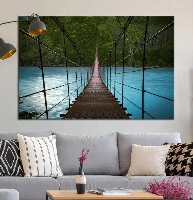 Suspension Bridge Over River Canvas Art | 3-Panel Nature Photography | Scenic Wall Art for Living Room or Office