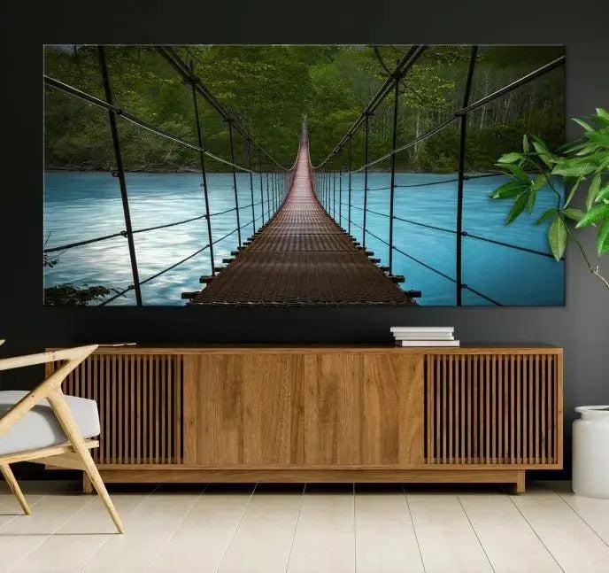 Suspension Bridge Over River Canvas Art | 3-Panel Nature Photography | Scenic Wall Art for Living Room or Office