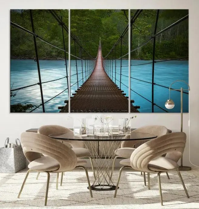 A breathtaking 3-panel nature photography piece titled "Suspension Bridge Over River Canvas Art" beautifully enhances the living room wall, adding an exquisite touch of scenic wall art.