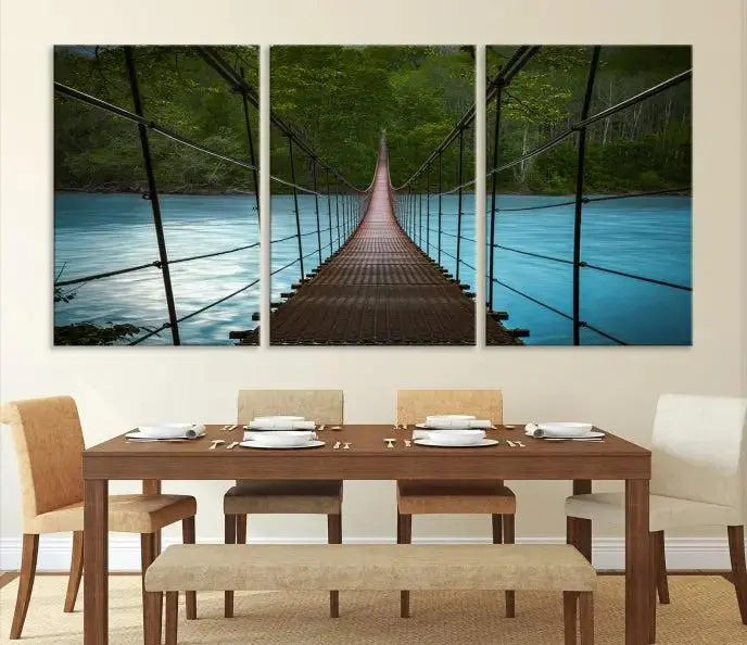 A breathtaking 3-panel nature photography piece titled "Suspension Bridge Over River Canvas Art" beautifully enhances the living room wall, adding an exquisite touch of scenic wall art.