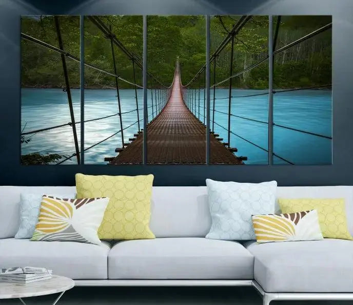 A breathtaking 3-panel nature photography piece titled "Suspension Bridge Over River Canvas Art" beautifully enhances the living room wall, adding an exquisite touch of scenic wall art.