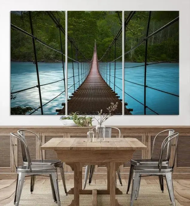 A breathtaking 3-panel nature photography piece titled "Suspension Bridge Over River Canvas Art" beautifully enhances the living room wall, adding an exquisite touch of scenic wall art.