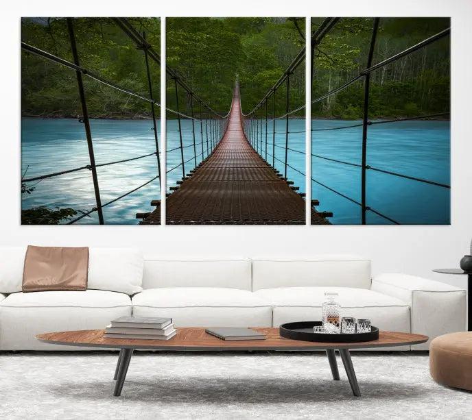 A breathtaking 3-panel nature photography piece titled "Suspension Bridge Over River Canvas Art" beautifully enhances the living room wall, adding an exquisite touch of scenic wall art.