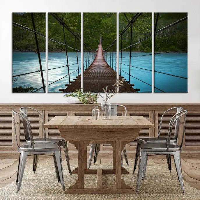 A breathtaking 3-panel nature photography piece titled "Suspension Bridge Over River Canvas Art" beautifully enhances the living room wall, adding an exquisite touch of scenic wall art.