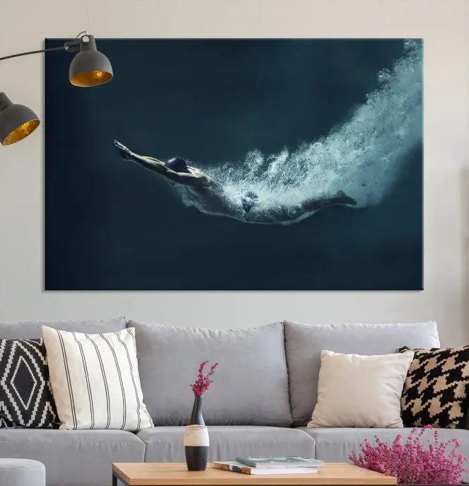 A set of three "Swimmer Wall Art Canvas Print" pieces enhances the wall. These gallery-wrapped artworks are printed on museum-quality canvas and are treated with a UV-protective coating for enduring vibrancy.