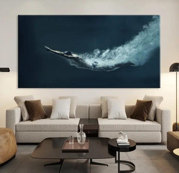 A set of three "Swimmer Wall Art Canvas Print" pieces enhances the wall. These gallery-wrapped artworks are printed on museum-quality canvas and are treated with a UV-protective coating for enduring vibrancy.