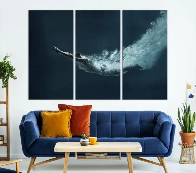 A set of three "Swimmer Wall Art Canvas Print" pieces enhances the wall. These gallery-wrapped artworks are printed on museum-quality canvas and are treated with a UV-protective coating for enduring vibrancy.