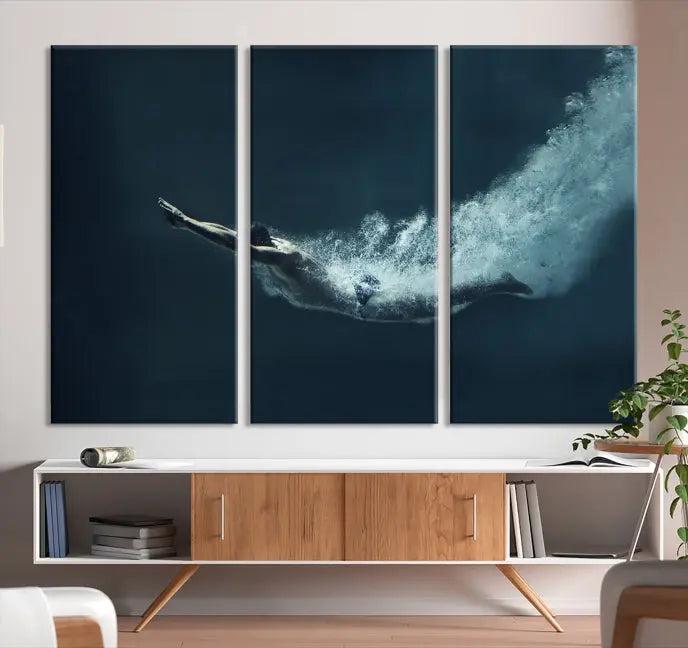 A set of three "Swimmer Wall Art Canvas Print" pieces enhances the wall. These gallery-wrapped artworks are printed on museum-quality canvas and are treated with a UV-protective coating for enduring vibrancy.