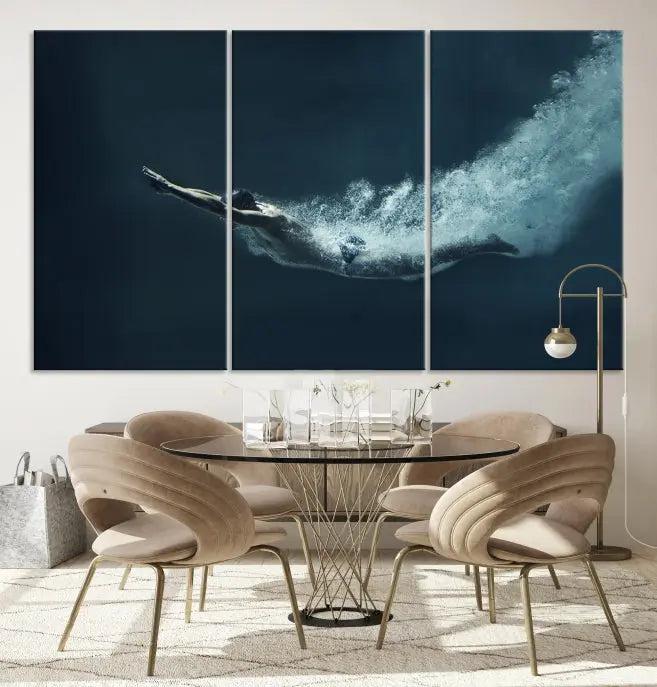 A set of three "Swimmer Wall Art Canvas Print" pieces enhances the wall. These gallery-wrapped artworks are printed on museum-quality canvas and are treated with a UV-protective coating for enduring vibrancy.