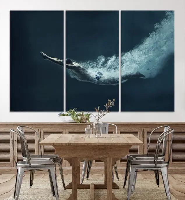 A set of three "Swimmer Wall Art Canvas Print" pieces enhances the wall. These gallery-wrapped artworks are printed on museum-quality canvas and are treated with a UV-protective coating for enduring vibrancy.