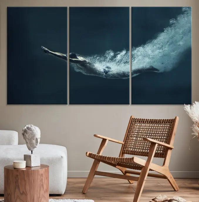 A set of three "Swimmer Wall Art Canvas Print" pieces enhances the wall. These gallery-wrapped artworks are printed on museum-quality canvas and are treated with a UV-protective coating for enduring vibrancy.