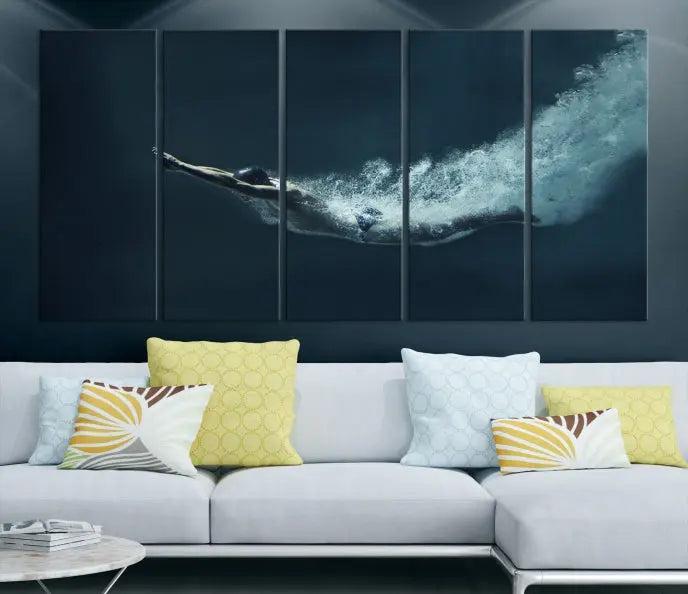 A set of three "Swimmer Wall Art Canvas Print" pieces enhances the wall. These gallery-wrapped artworks are printed on museum-quality canvas and are treated with a UV-protective coating for enduring vibrancy.