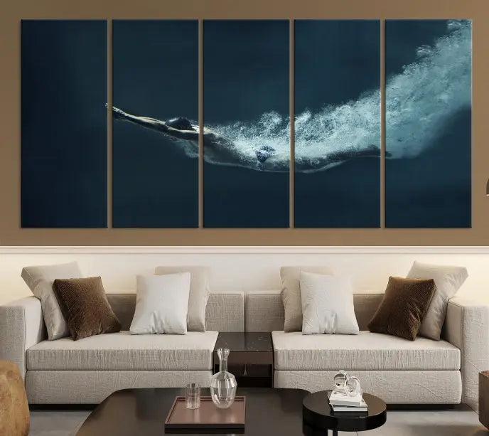 A set of three "Swimmer Wall Art Canvas Print" pieces enhances the wall. These gallery-wrapped artworks are printed on museum-quality canvas and are treated with a UV-protective coating for enduring vibrancy.