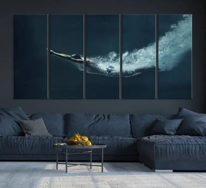 A set of three "Swimmer Wall Art Canvas Print" pieces enhances the wall. These gallery-wrapped artworks are printed on museum-quality canvas and are treated with a UV-protective coating for enduring vibrancy.