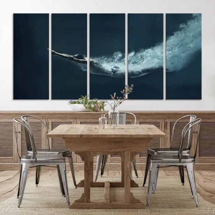 A set of three "Swimmer Wall Art Canvas Print" pieces enhances the wall. These gallery-wrapped artworks are printed on museum-quality canvas and are treated with a UV-protective coating for enduring vibrancy.