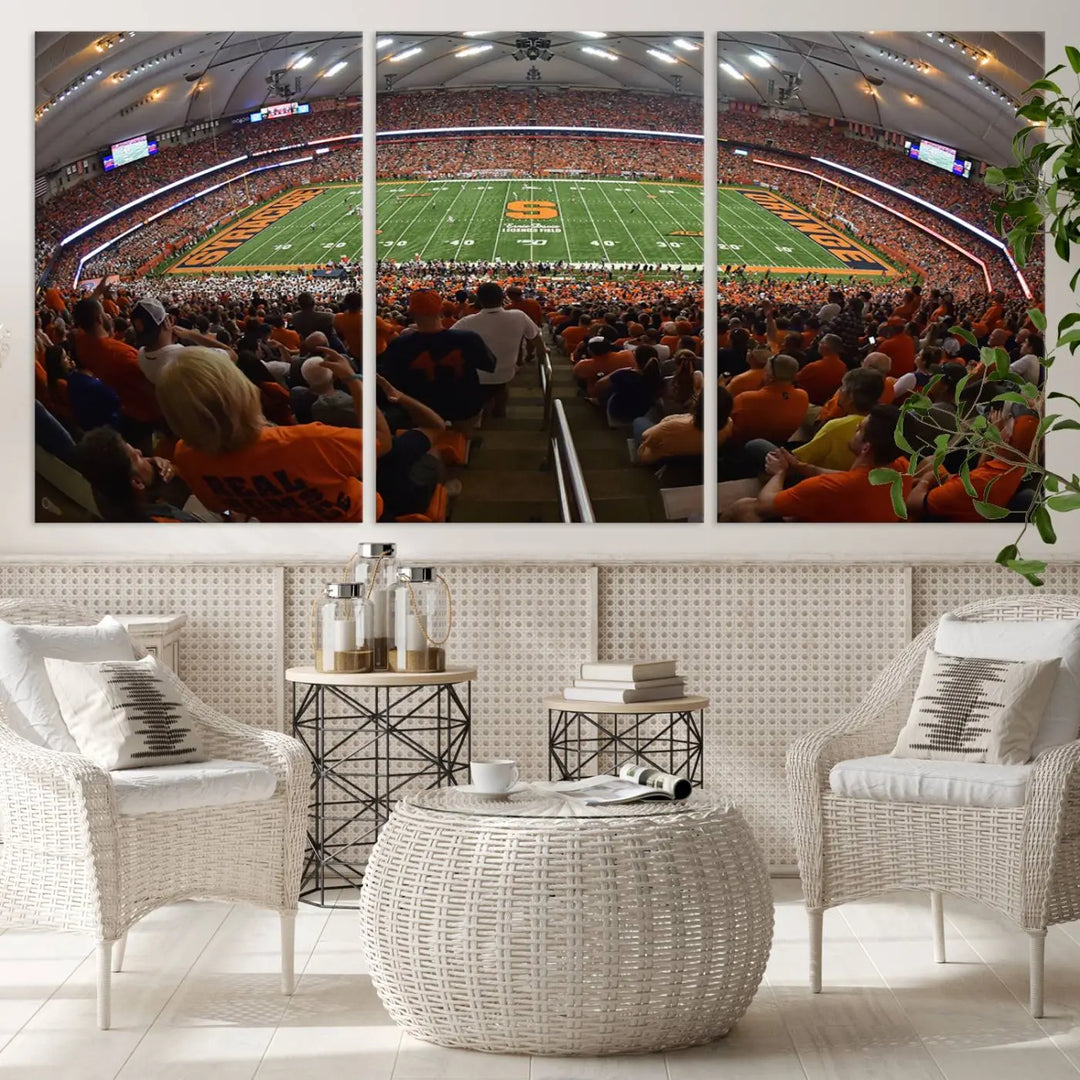 The Syracuse University Orange Football Team Print is a canvas wall art of the Syracuse JMA Wireless Dome, beautifully resembling a packed stadium with fans in orange and capturing the energy of the moment with a gallery-quality finish.