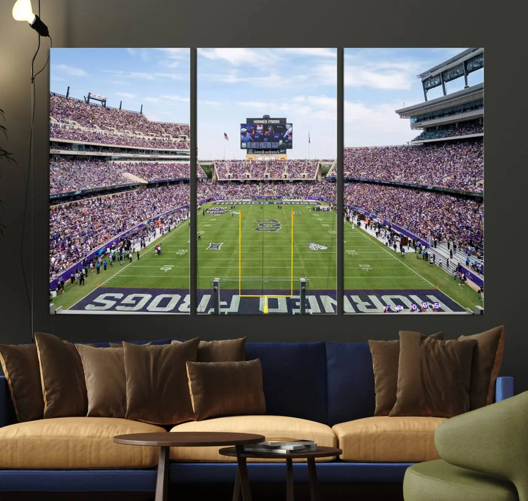 The living room showcases a triptych canvas artwork titled "TCU Horned Frogs Football Team Print - Fort Worth Amon G. Carter Stadium Wall Art Canvas Print," depicting a bustling football stadium and field under a clear blue sky in a gallery-quality finish.