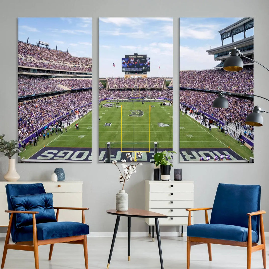 The living room showcases a triptych canvas artwork titled "TCU Horned Frogs Football Team Print - Fort Worth Amon G. Carter Stadium Wall Art Canvas Print," depicting a bustling football stadium and field under a clear blue sky in a gallery-quality finish.