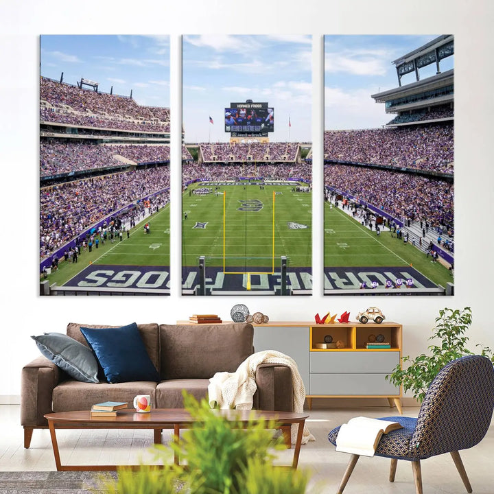 The living room showcases a triptych canvas artwork titled "TCU Horned Frogs Football Team Print - Fort Worth Amon G. Carter Stadium Wall Art Canvas Print," depicting a bustling football stadium and field under a clear blue sky in a gallery-quality finish.