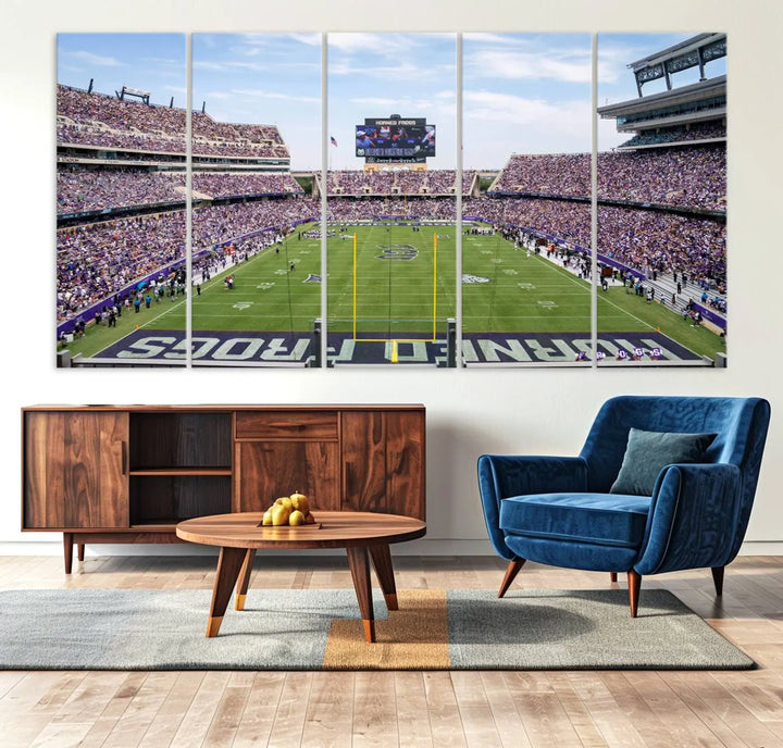 The living room showcases a triptych canvas artwork titled "TCU Horned Frogs Football Team Print - Fort Worth Amon G. Carter Stadium Wall Art Canvas Print," depicting a bustling football stadium and field under a clear blue sky in a gallery-quality finish.